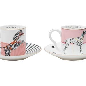 DOG AND ZEBRA ESPRESSO CUP & SAUCERS, 1 SET OF 2